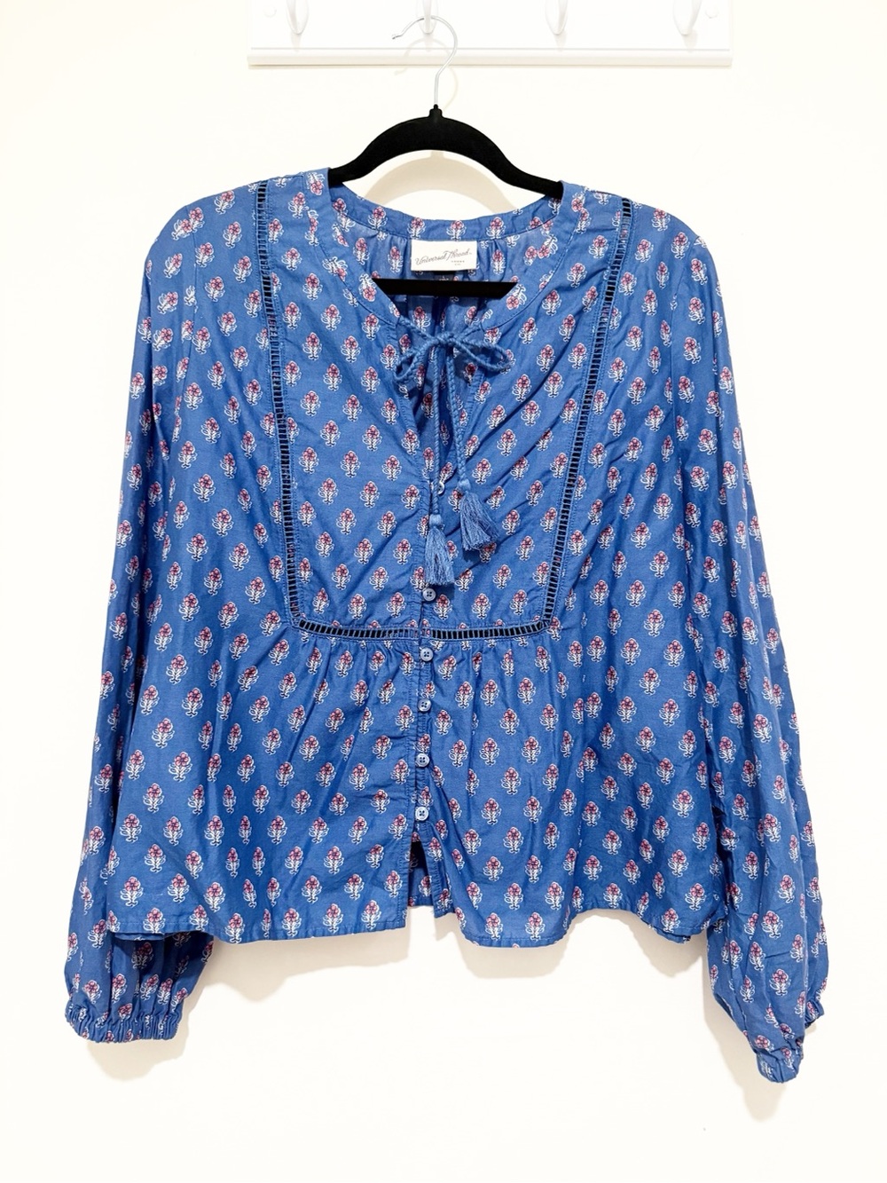 Universal Thread Blue Printed Peasant Top with Tassel Tie